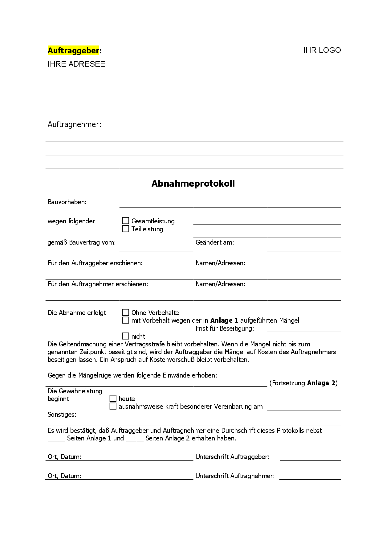 Bauabnahme, Abnahmeprotokoll Muster